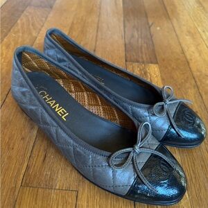 CHANEL Quilted Gray Black Flats